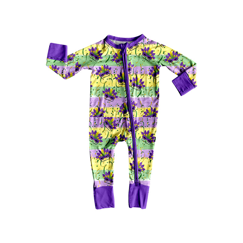 preorder LR3354 Mardi Gras Zipper Long Sleeve Boys Romper