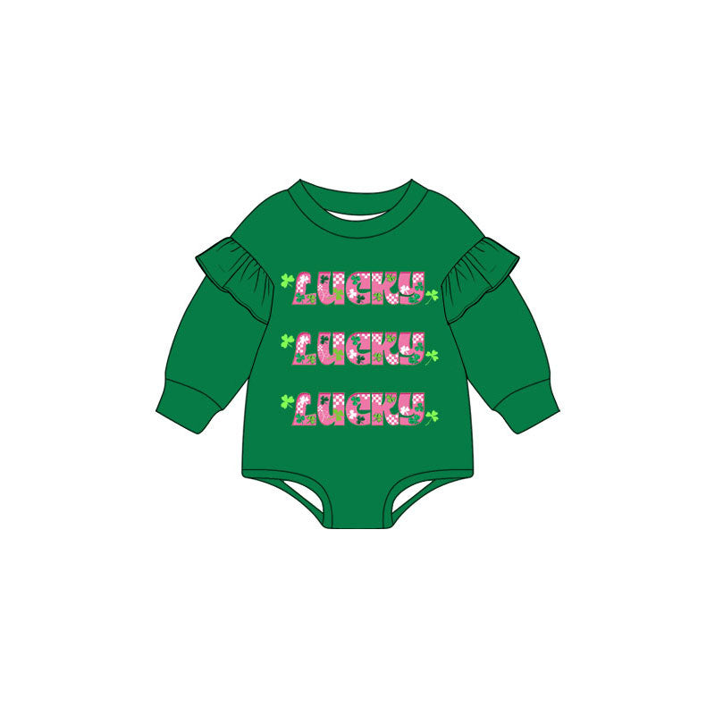 preorder LR3360 St Patrick Lucky Green Long Sleeve Girls Romper