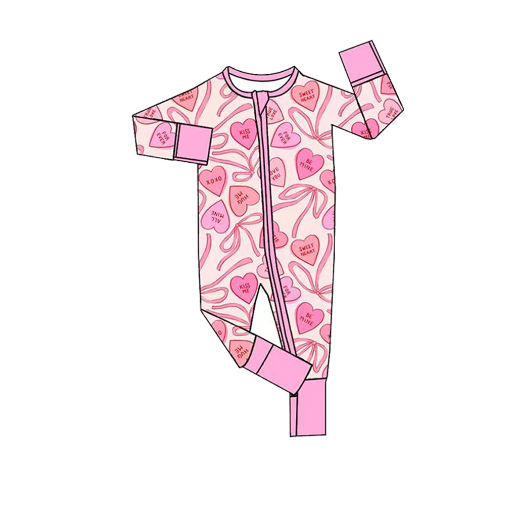 preorder LR3362 Valentine's Day Heart Bows Pink Zipper Long Sleeve Girls Romper
