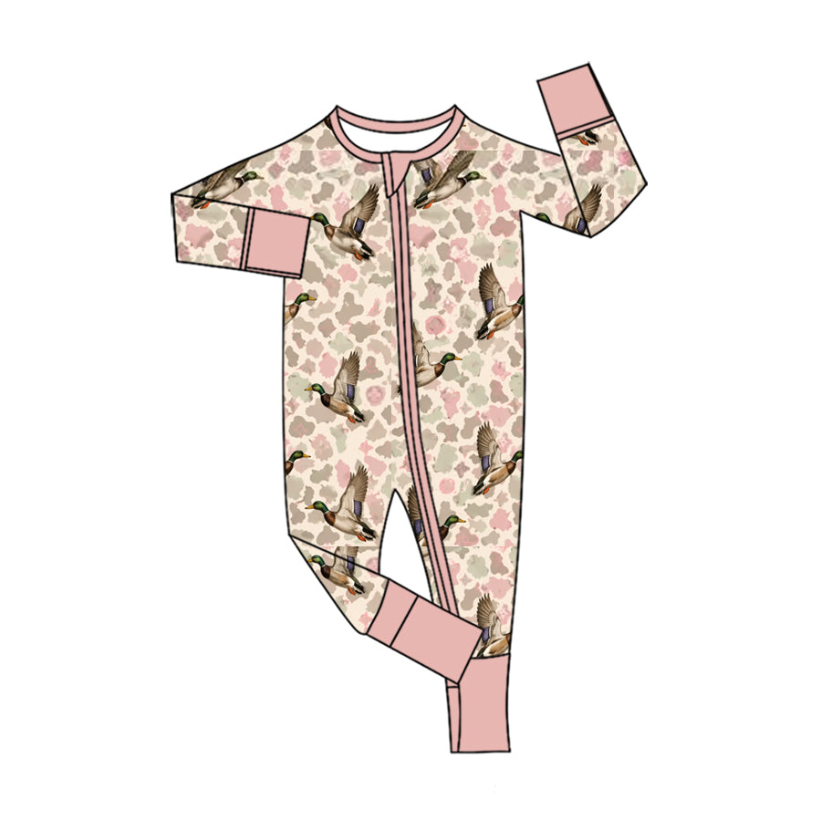 preorder LR3367 Mallard Duck Pink Zipper Long Sleeve Girls Romper