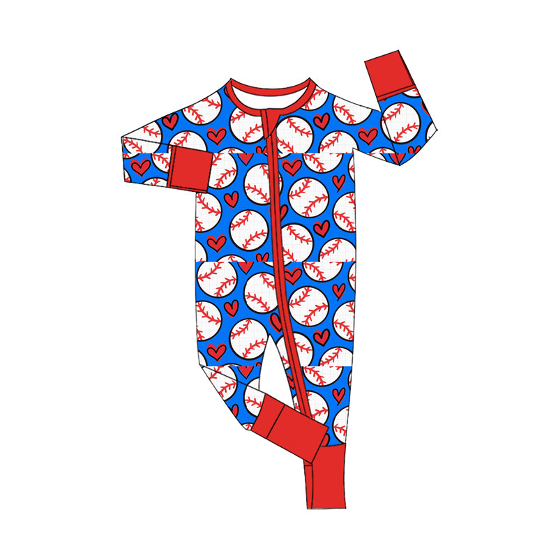 preorder LR3370 Baseball Blue Zipper Long Sleeve Boys Romper