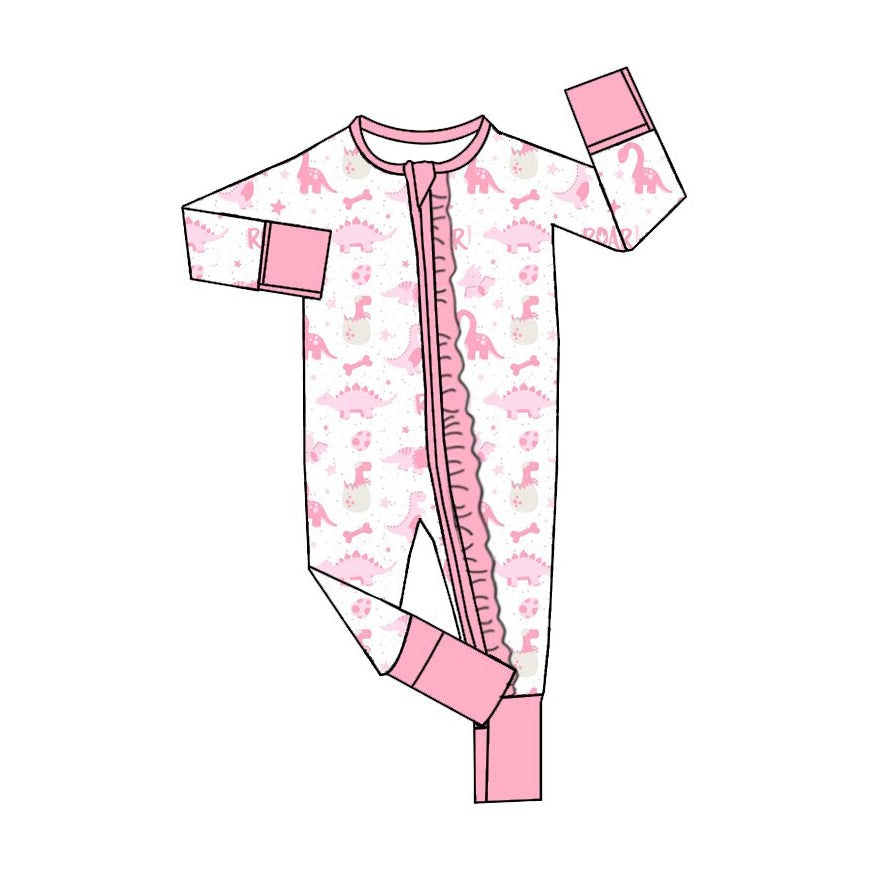 preorder LR3373 Pink Dinosuar Zipper Long Sleeve Girls Romper