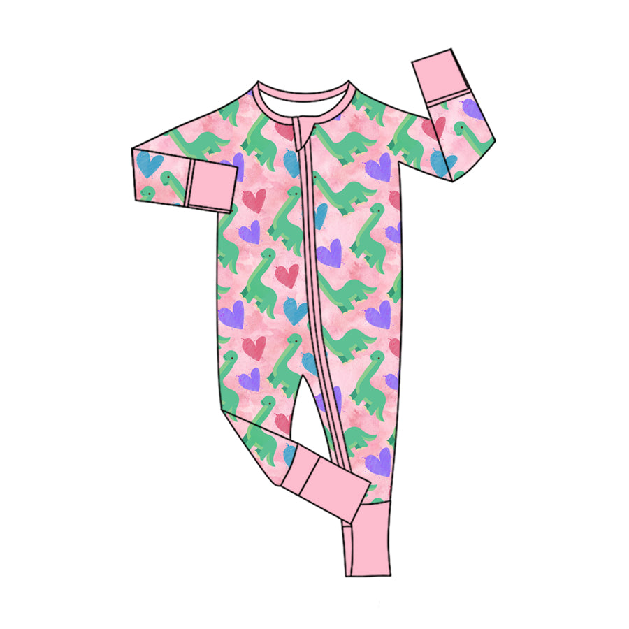 preorder LR3376 Valentine's Day Heart Dinosuar Zipper Long Sleeve Girls Romper
