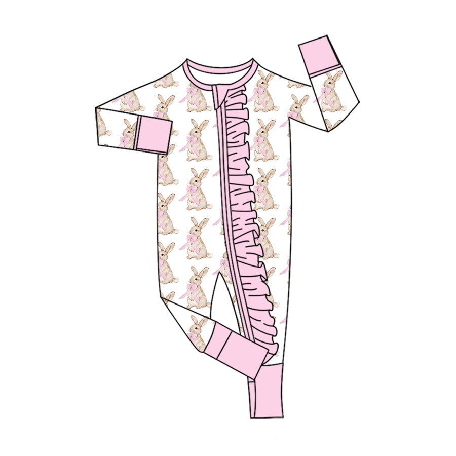 preorder LR3380 Easter Rabbit Pink Zipper Long Sleeve Girls Romper