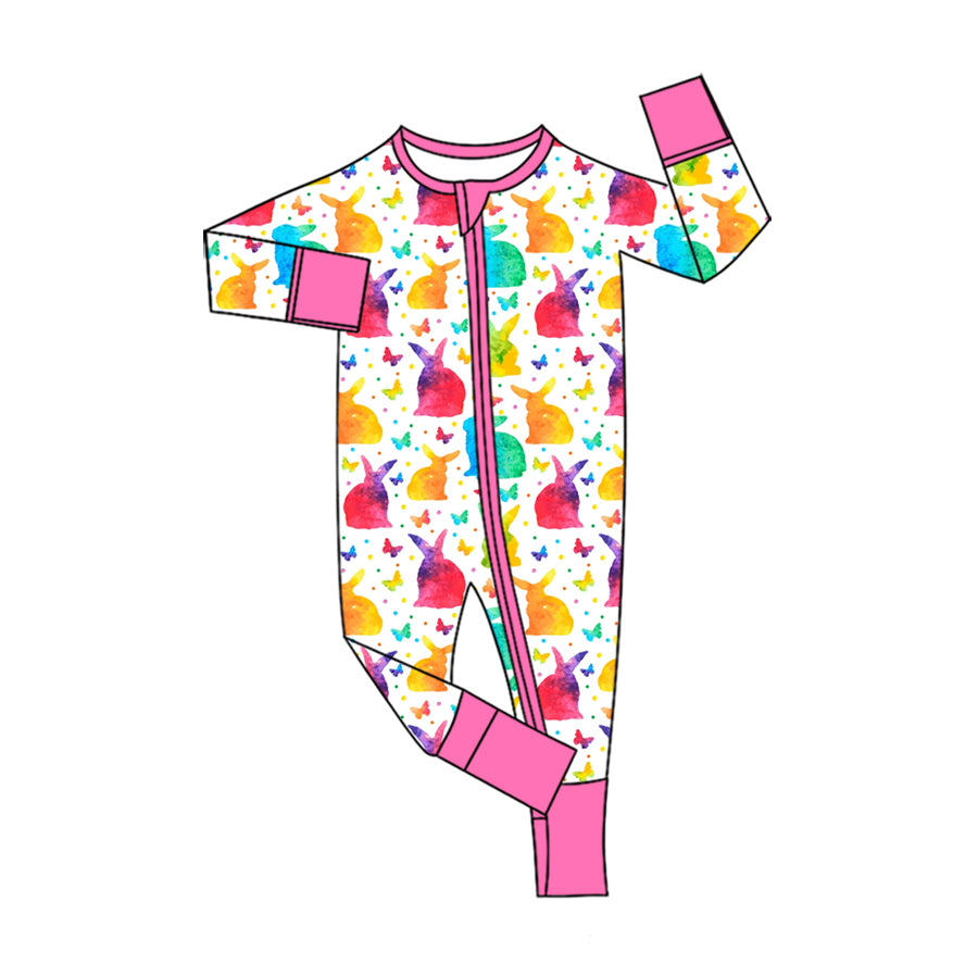 preorder LR3383 Easter Colorful Rabbit Zipper Long Sleeve Girls Romper