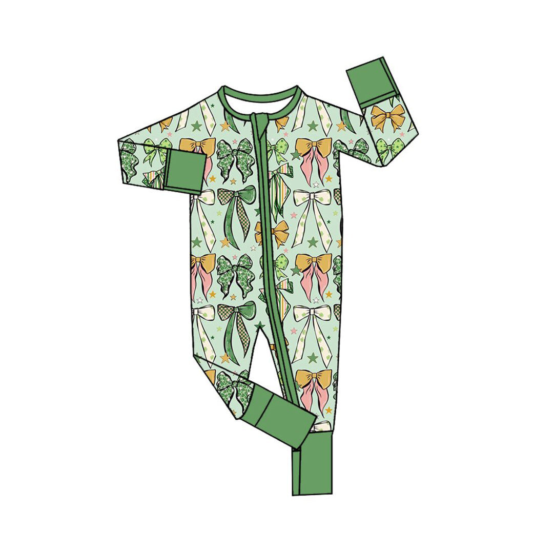 preorder LR3384 St Patrick Green Bows Zipper Long Sleeve Girls Romper