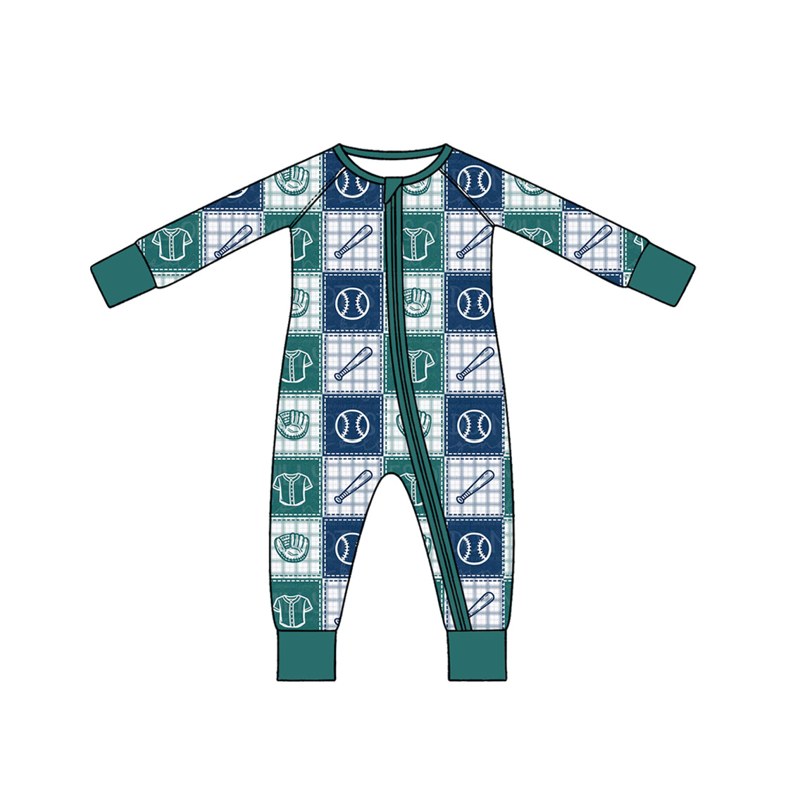 preorder LR3385 Baseball Blue Zipper Long Sleeve Boys Romper