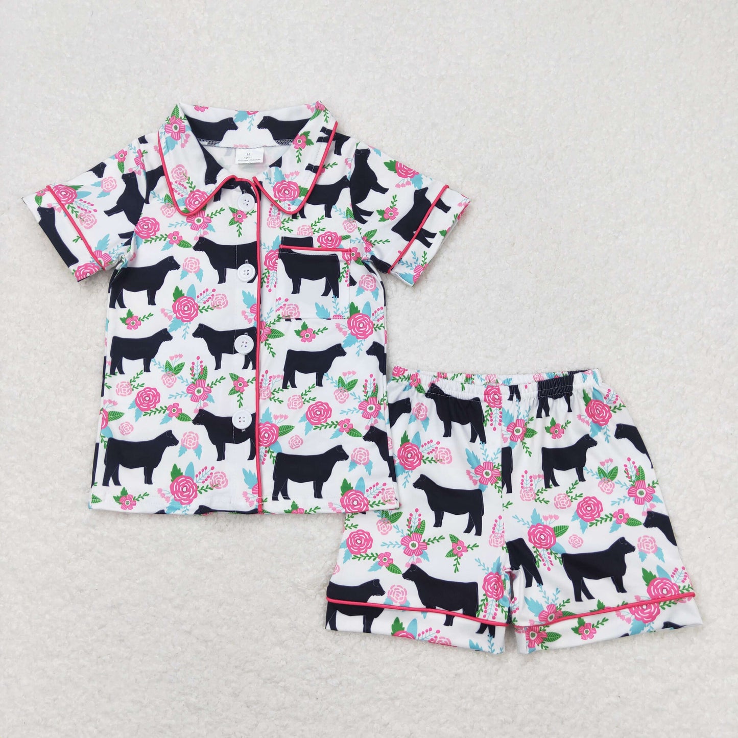 GSSO0590 cow pink flowers short sleeve shorts girls pajamas