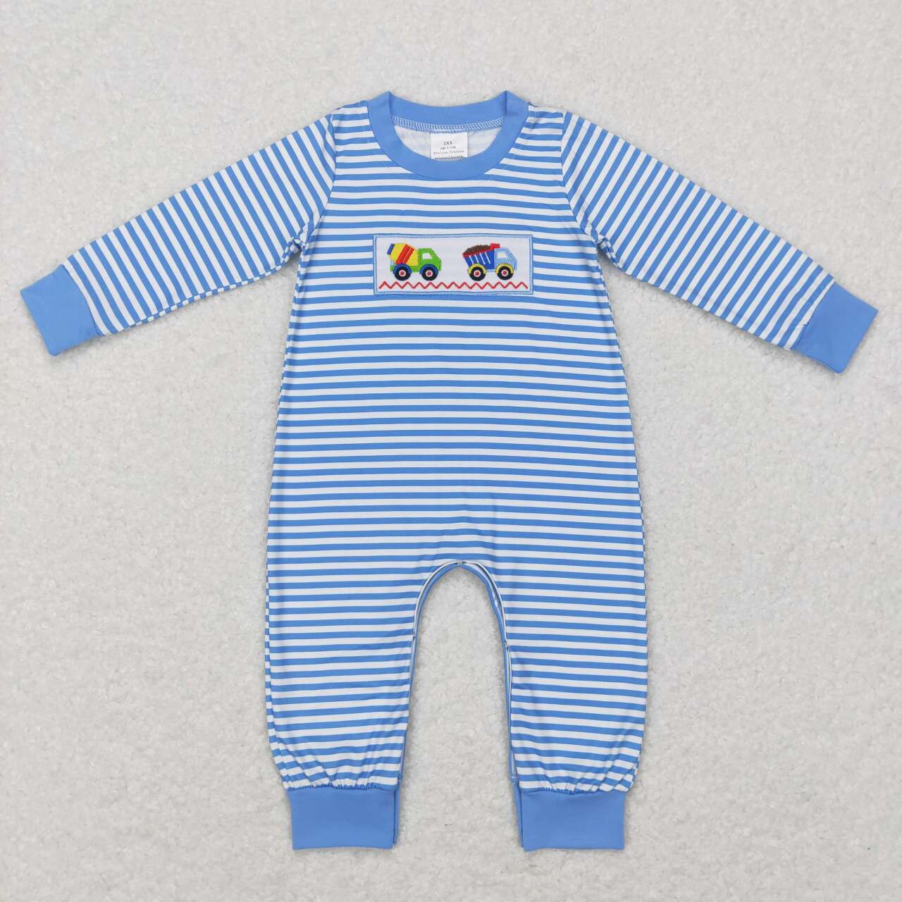 LR0750 Construction truck blue striped kids romper