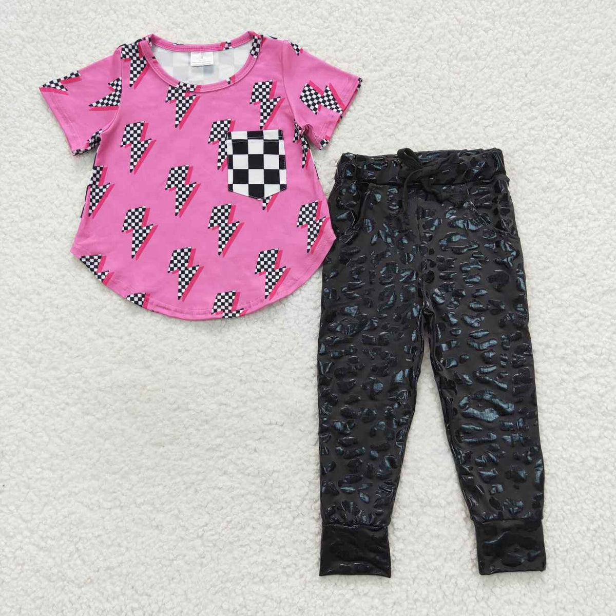 GSPO0817 Lightning Pattern Hot Pink Pocket Short Sleeve Top Black Dot Leather Kids Pants Girls Set