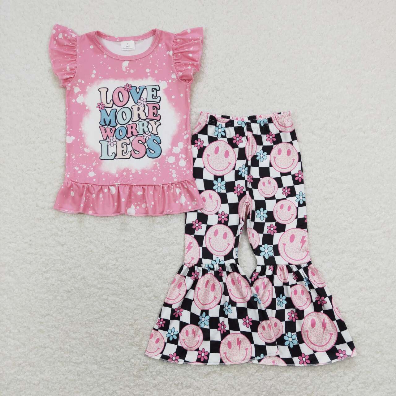 GSPO1311 Love More Worry Less Hot Pink Flutter Sleeve Black Checkered Flowers Pants Girls Set