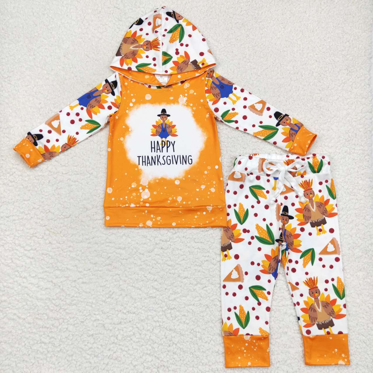 BLP0222 Happy thanksgiving turkey orange hoodie long sleeve pants boys set