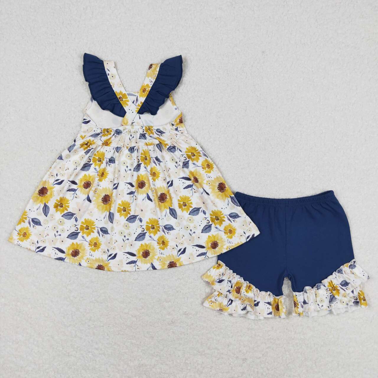 GSSO1006 yellow flowers flutter sleeve blue shorts girls set