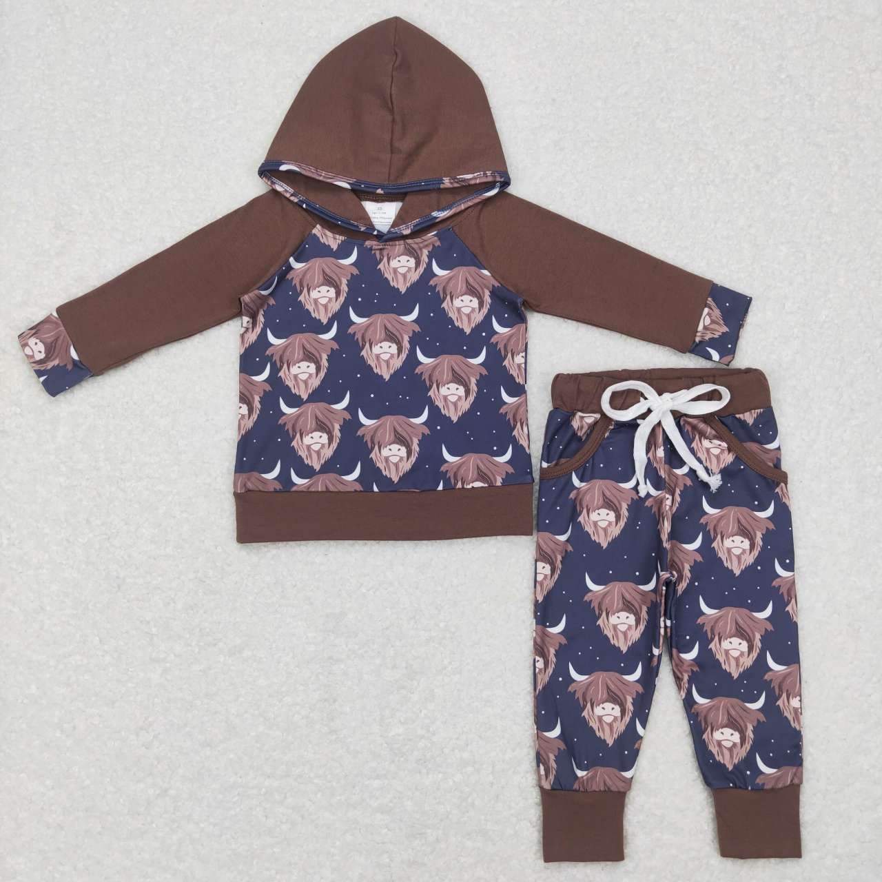 BLP0365 Western highland cow brown hoodie boys set