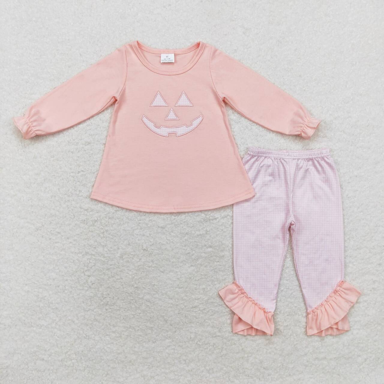 GLP1342 embroidery Halloween smile pumpkin pink long sleeve checkered pants girls set