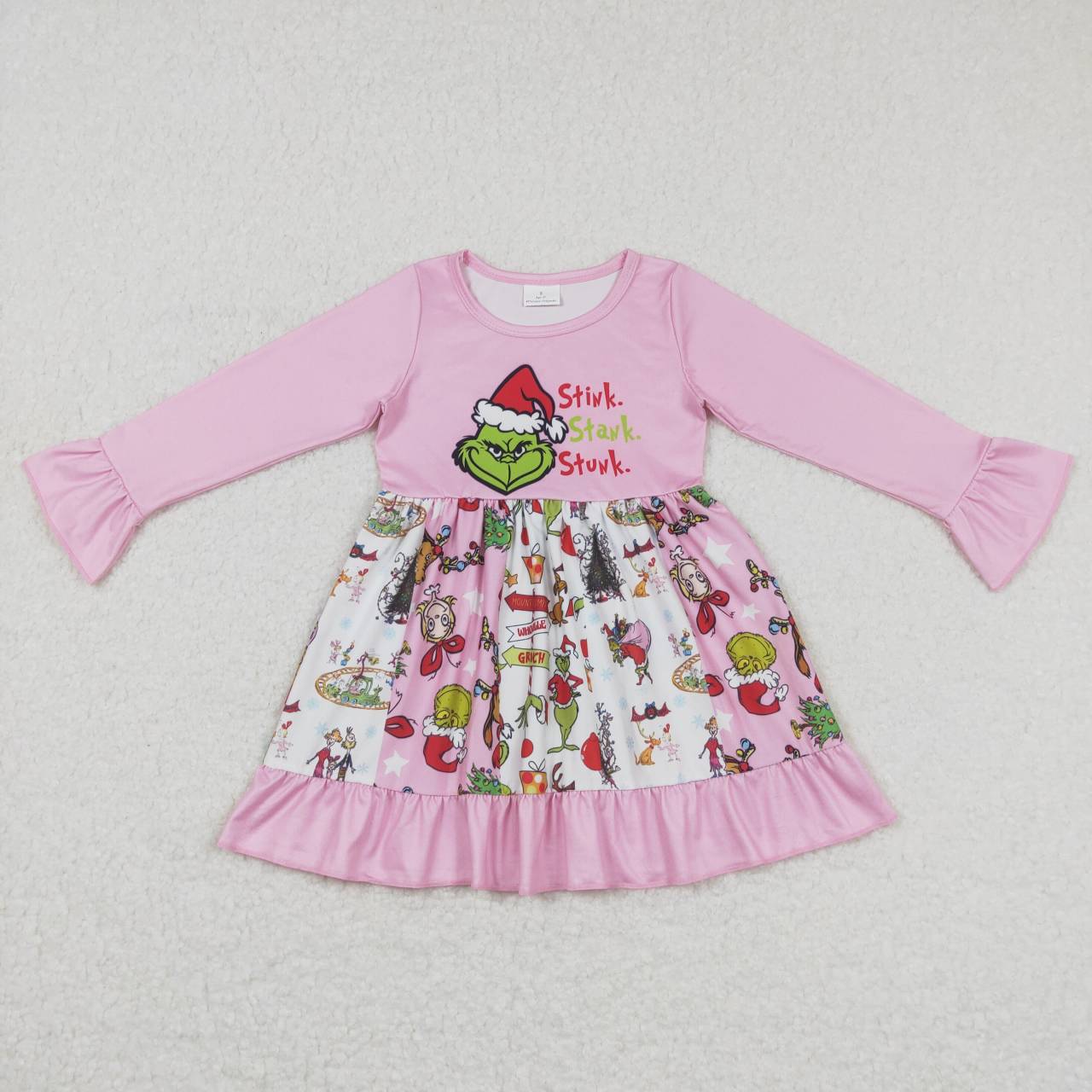 GLD0457 Christmas green face cartoon girl pink long sleeve girls dress
