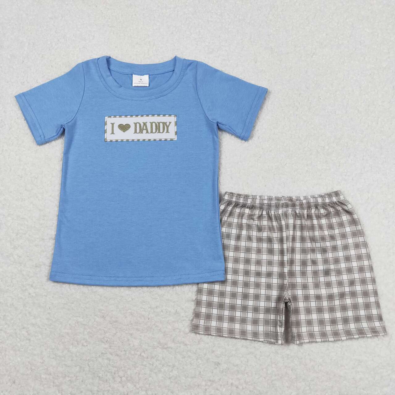 BSSO0640 embroidery I love daddy blue short sleeve green checkered shorts boys set