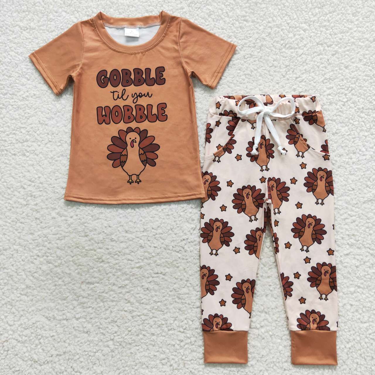 BSPO0119 Thanksgiving Gobble Turkey Short Sleeves Brown Pants Boys Set