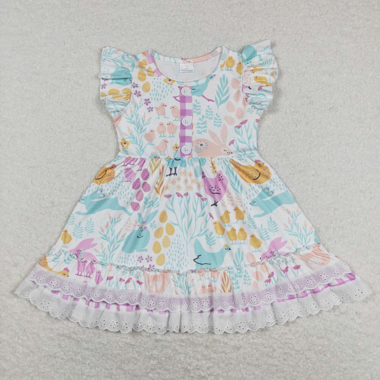 GSD0701 Girl Rabbit Flowers Flutter Sleeve Girls Dress Kids Easter Clothes