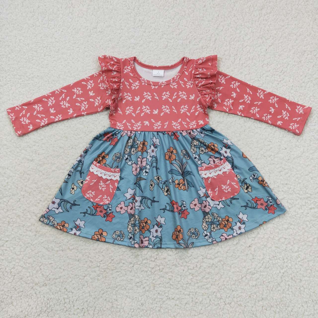 GLD0338 Colorful flowers pink long sleeve pocket girls dress