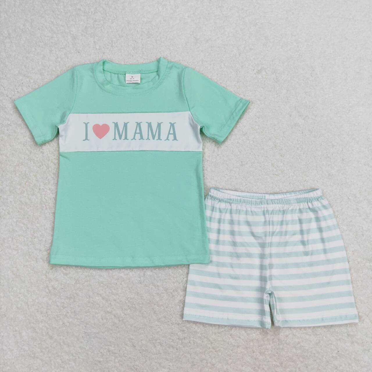 BSSO0751 I love mama light green short sleeve striped shorts boys set