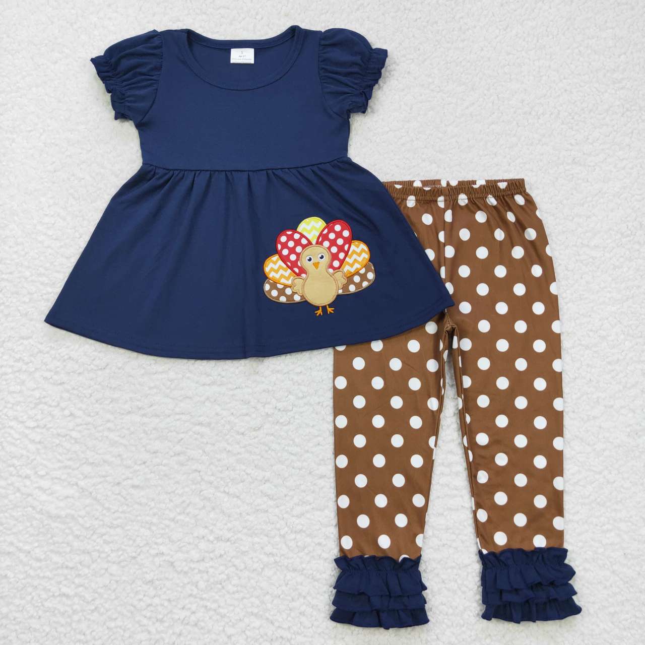 GSPO0795 Thanksgiving turkey navy short sleeve brown dot pants girls set