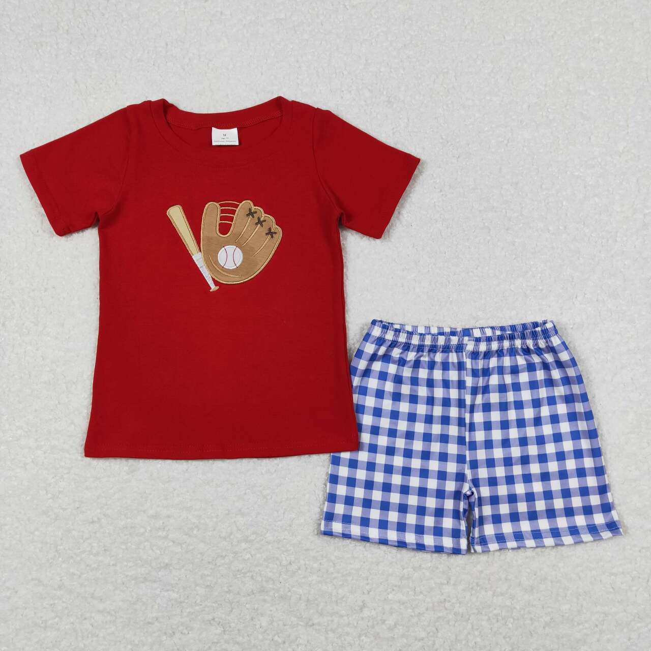 BSSO0353 embroidery Play baseball red short sleeve blue checkered shorts boys set