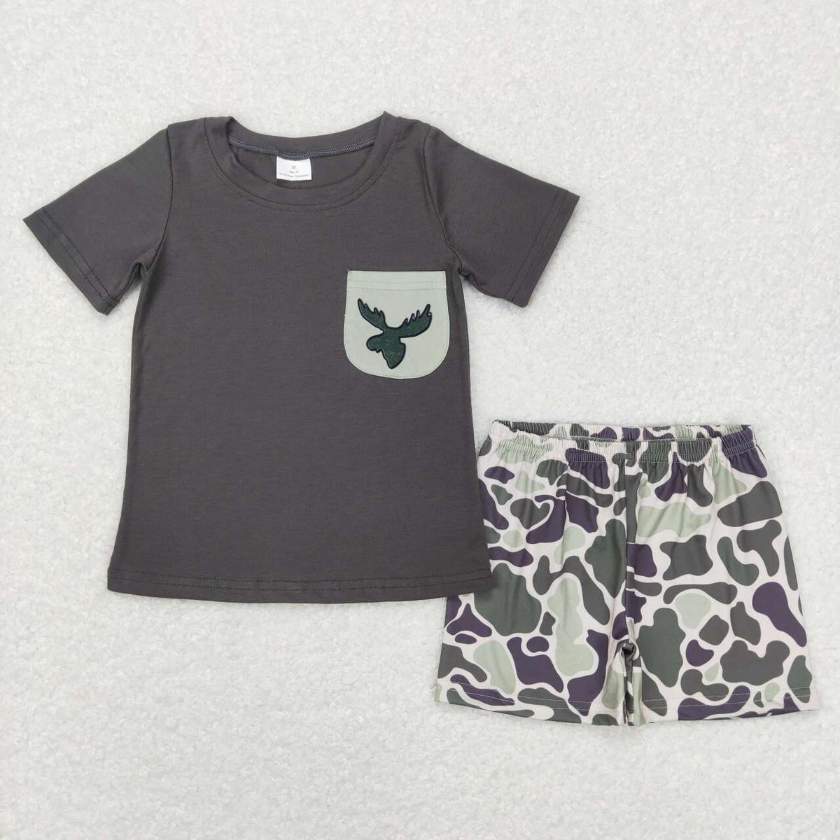 BSSO0303 Hunting deer dark grey pocket short sleeve camo shorts boys set