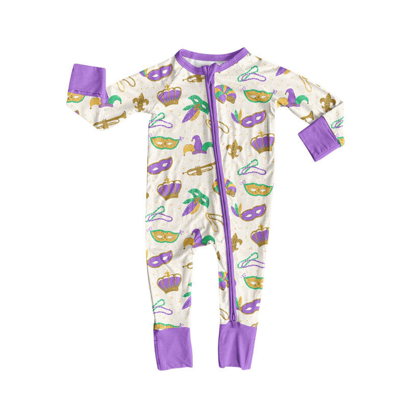 Custom moq 20 bamboo Mardi Gras mask purple zipper long sleeve girls romper