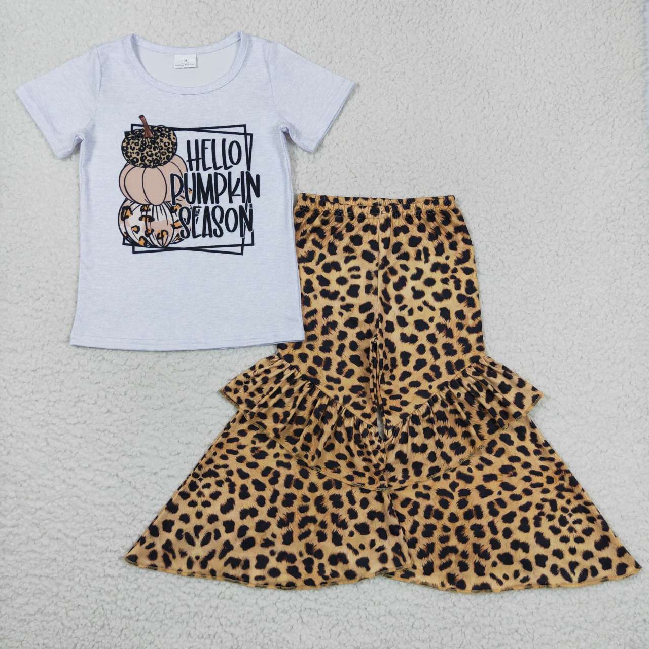 GSPO0836 Hello pumpkin season short sleeve leopard pants girls set