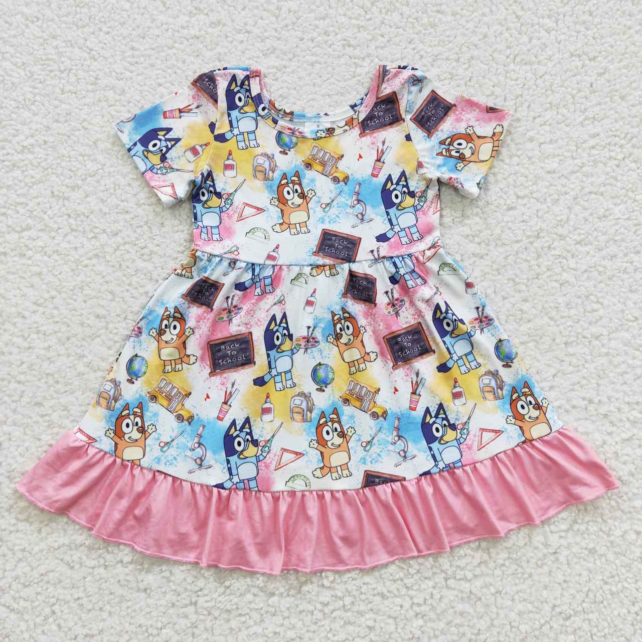 GSD0411 Back To School Cartoon Dog Pink Short Sleeves Girls Dress