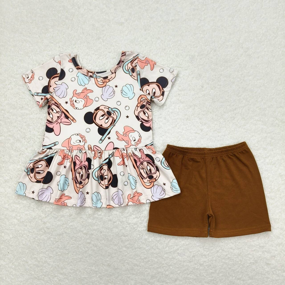GSSO0703 Cartoon M Short Sleeve brown shorts girls set