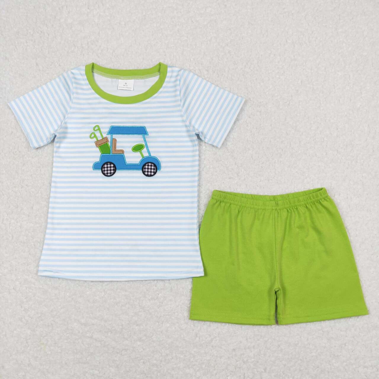 BSSO0394 embroidery Golf blue striped short sleeve green shorts boys set