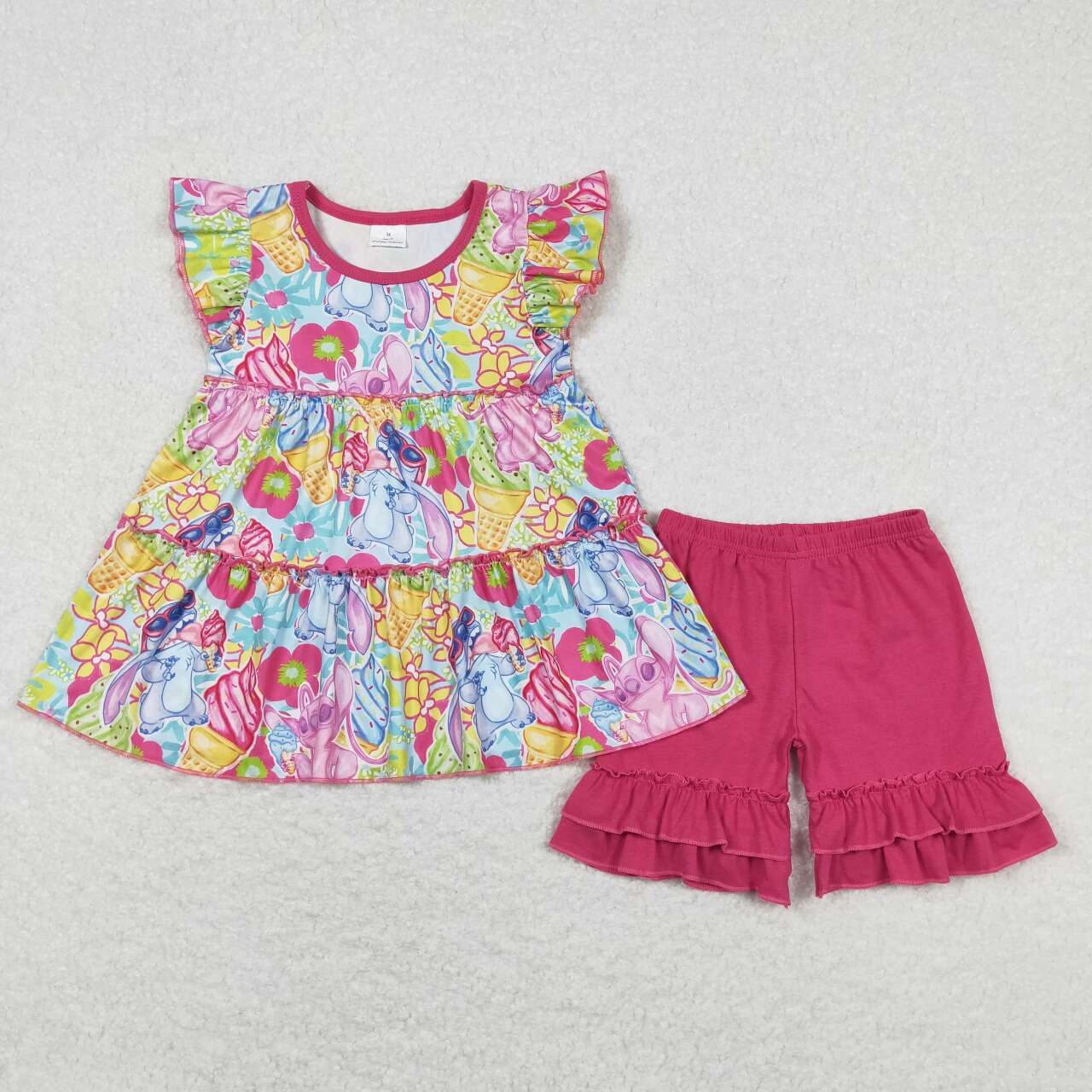 GSSO0608 Colorful Cartoon Ice Flutter Sleeve Hot Pink Shorts Girls Set