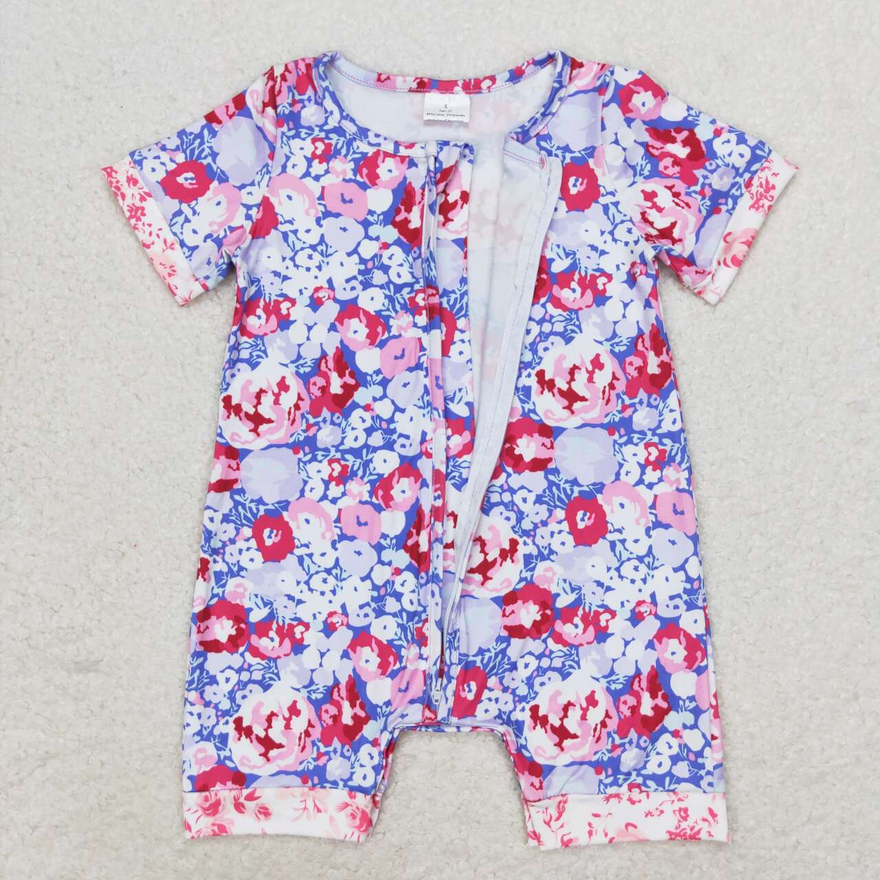 SR1767 purple flowers short sleeve girls zipper romper