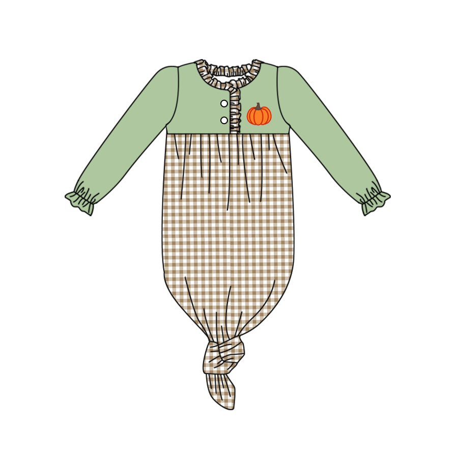 preorder NB0041 Autumn pumpkin khaki checkered long sleeve girls newborn gown