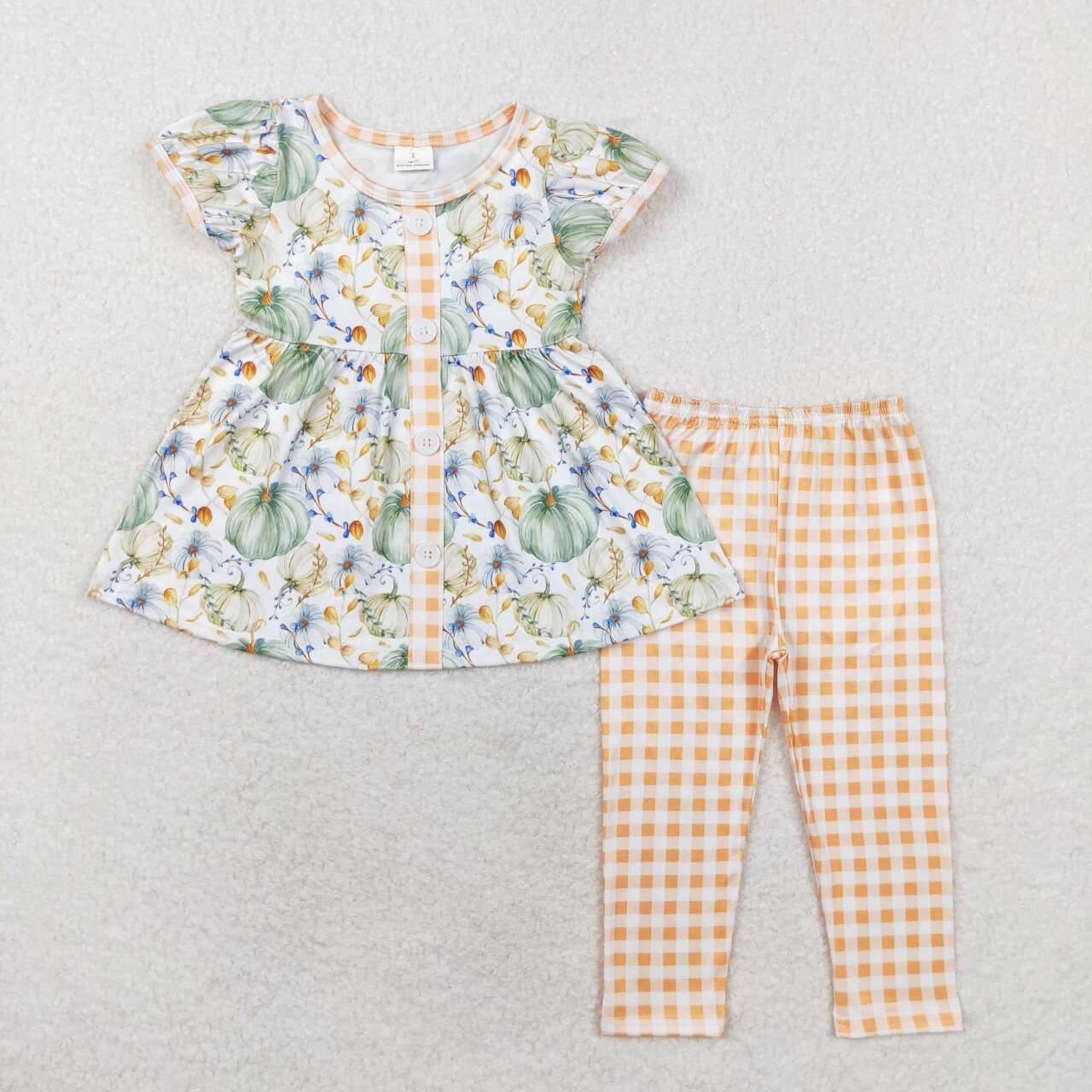 GSPO1554 Autumn pumpkin green short sleeve orange checkered pants girls set