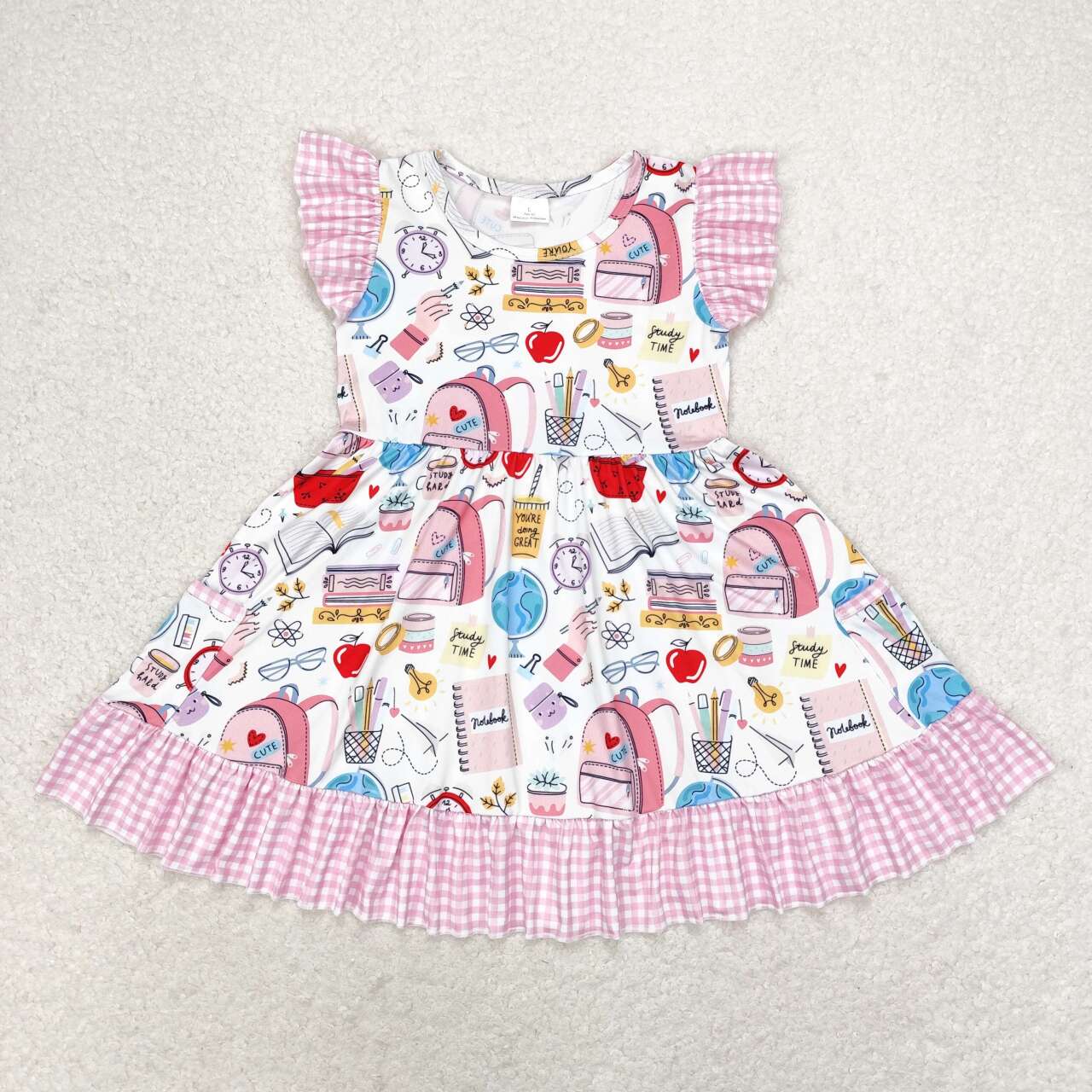 GSD1304 back to school bag pen pink flutter sleeve girls dress