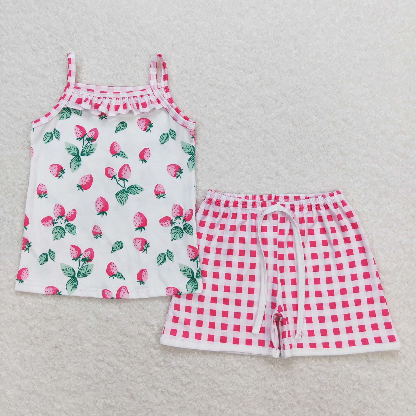 GSSO0866 strawberry camisole red checkered shorts girls set