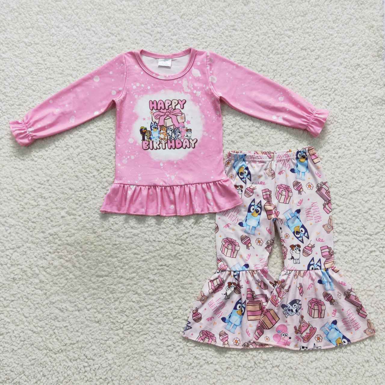 GLP0499 Happy Birthday Cartoon Dogs Long Sleeves Pink Pants Girls Clothes