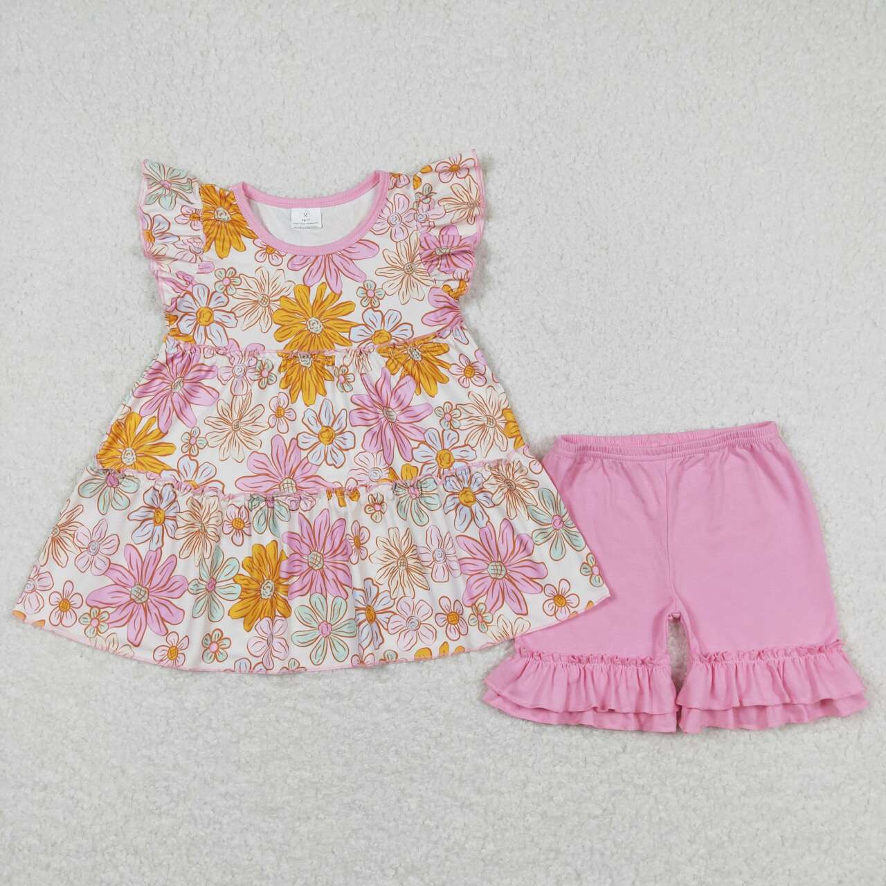 GSSO0616 Colorful Flowers Hot Pink Flutter Sleeve Hot Pink Shorts Girls Set