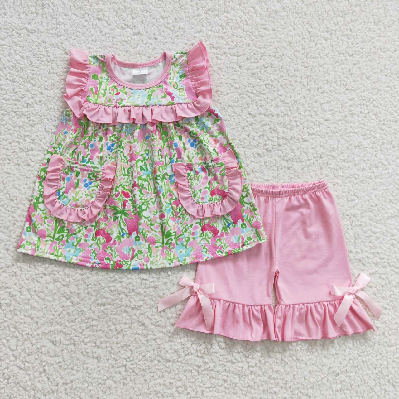 GSSO0338 Colorful Flowers Pocket Flutter Sleeves Pink Shorts Girls Summer Set