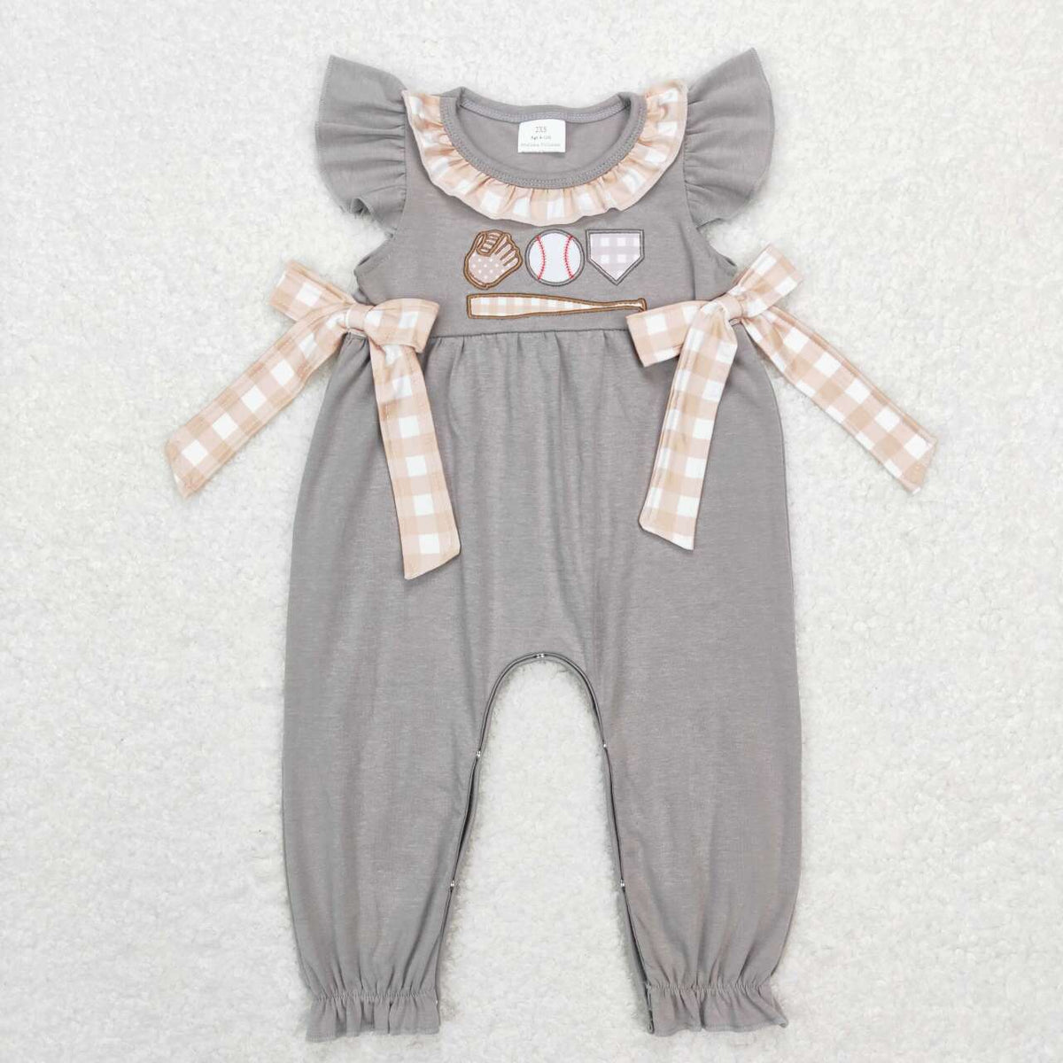 SR0613 Play baseball brown flutter sleeve girls romper