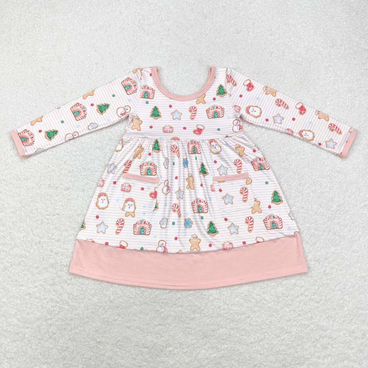 GLD0629 Christmas snowman cane candy pink striped long sleeve girls dress