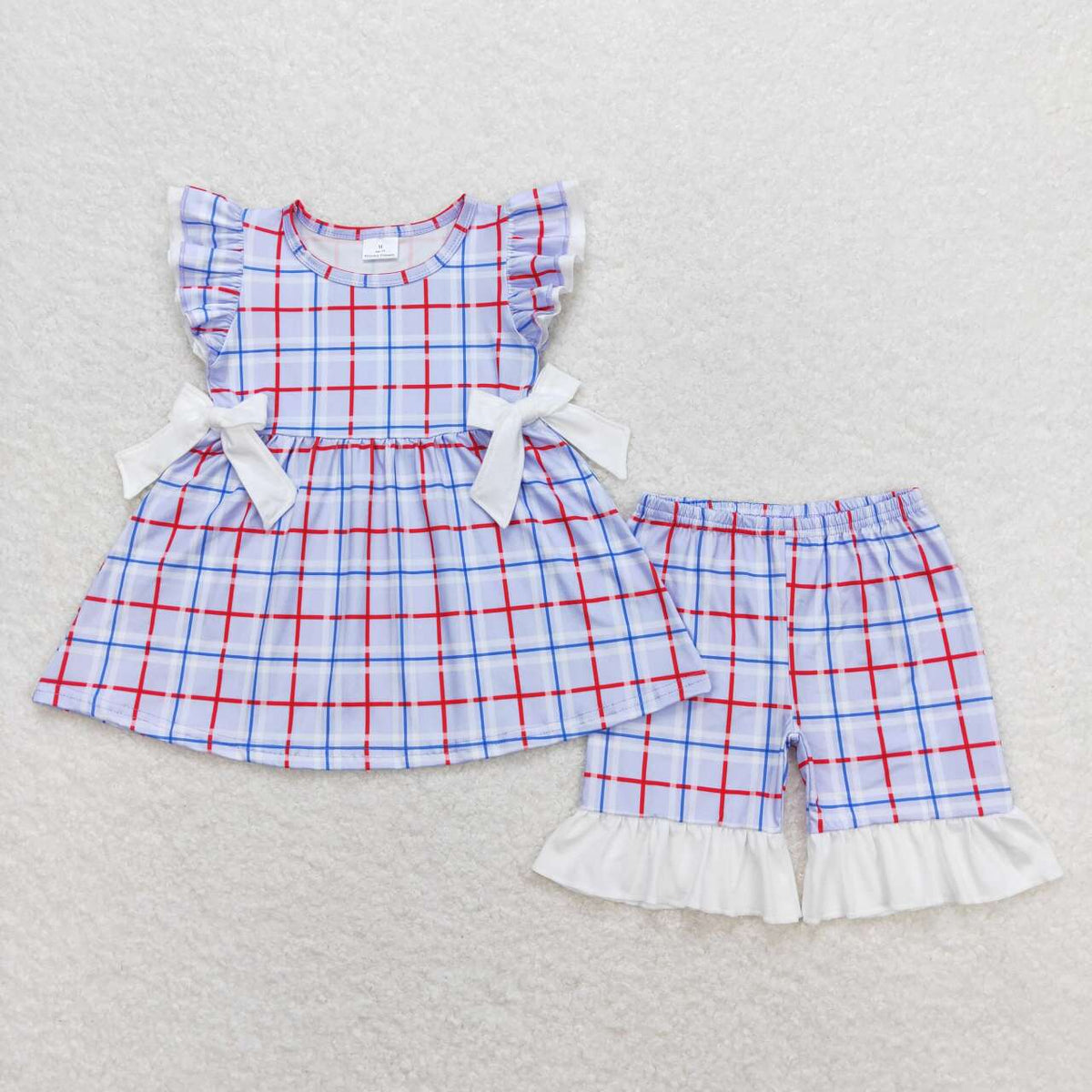 GSSO0707 Blue checkered flutter sleeve shorts girls set