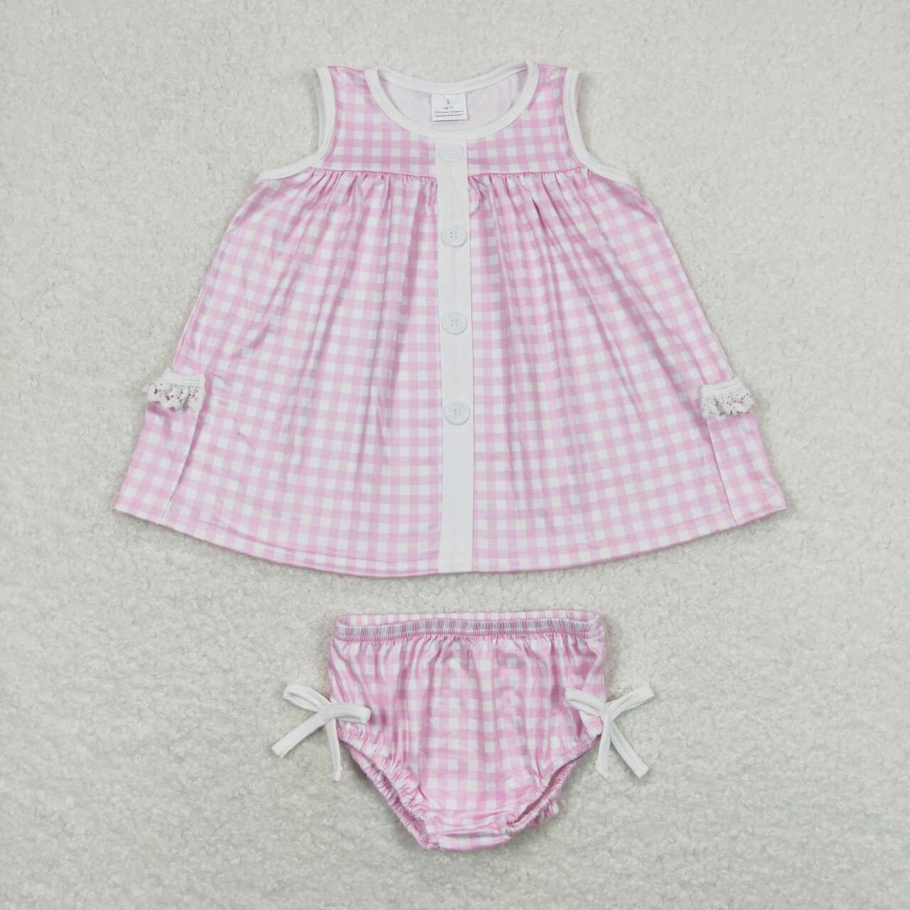 GBO0263 Pink Checkered Sleeveless Girls Bummies Set