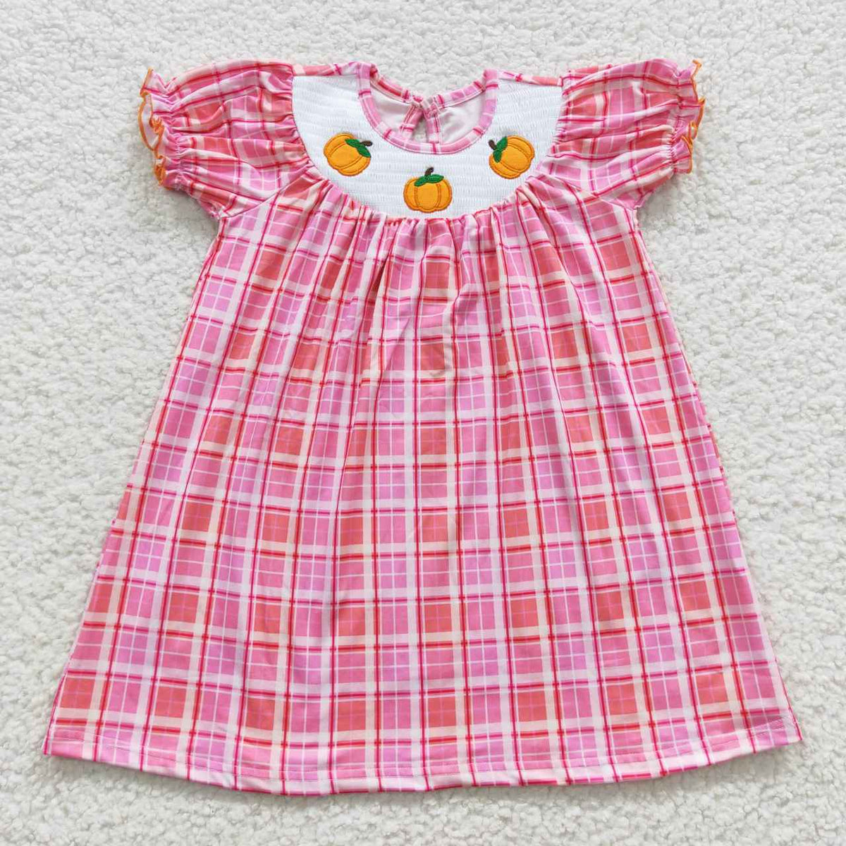 GSD0423 Autumn Pumpkin Hot Pink Plaid Print Short Sleeves Girls Dress
