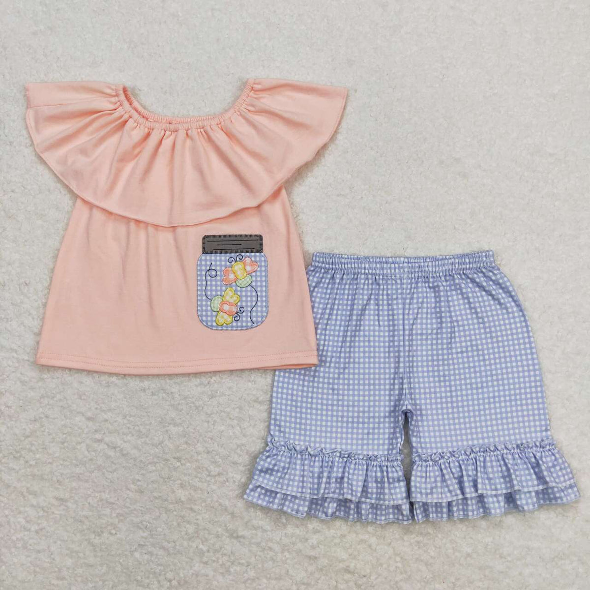 GSSO0682 embroidery Cartoon butterfly light pink flutter sleeve blue checkered shorts girls set