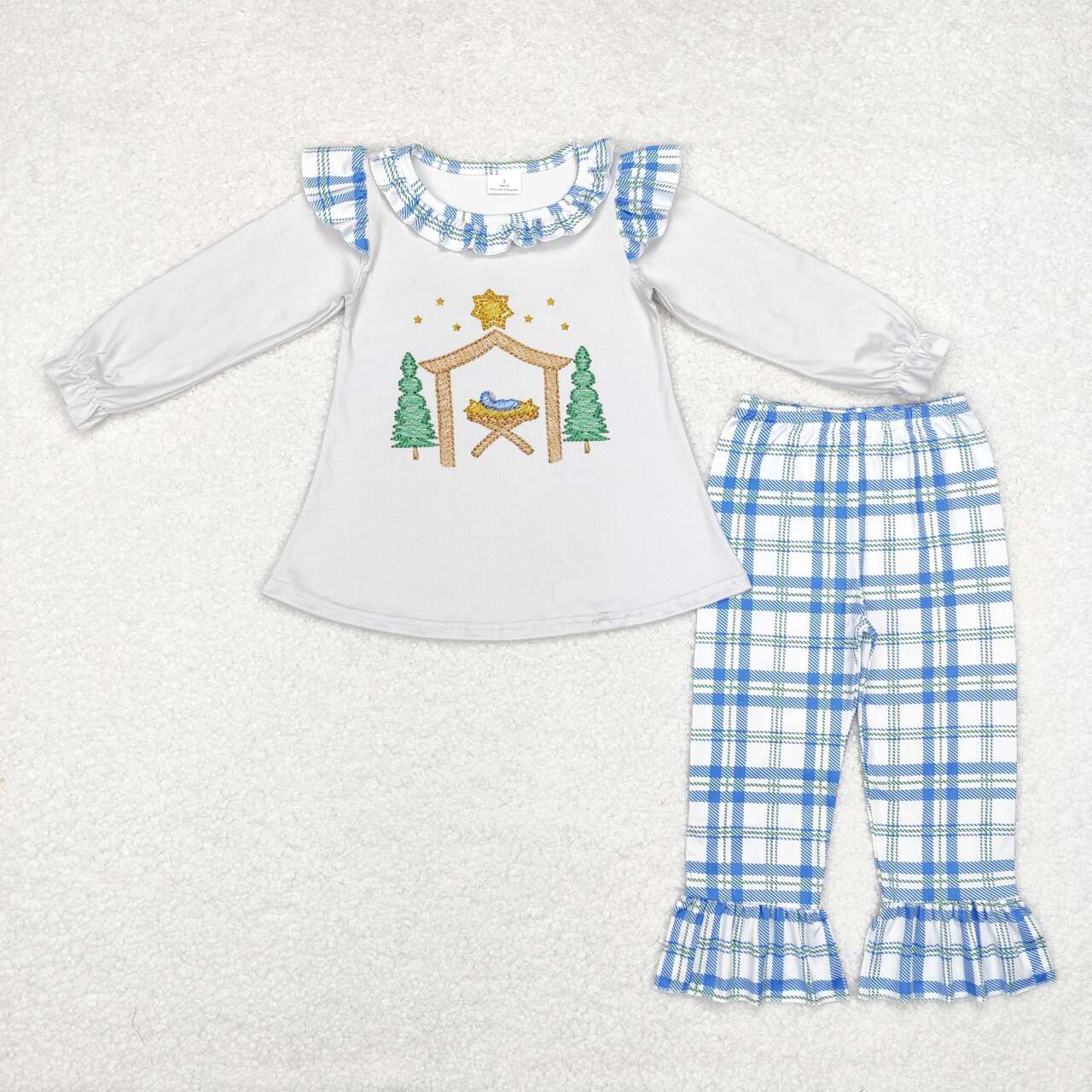 GLP1381 The Navitity Story long sleeve blue checkered pants girls set