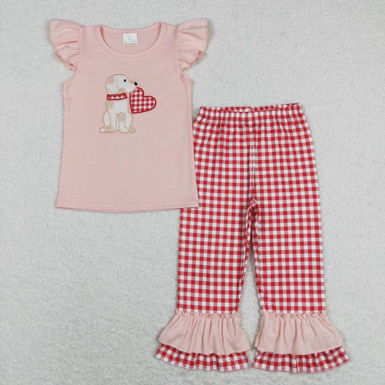 GSPO1161 Embroidery Valentine's Day Dog Heart Pink Flutter Sleeve Red Checkered Pants Girls Set